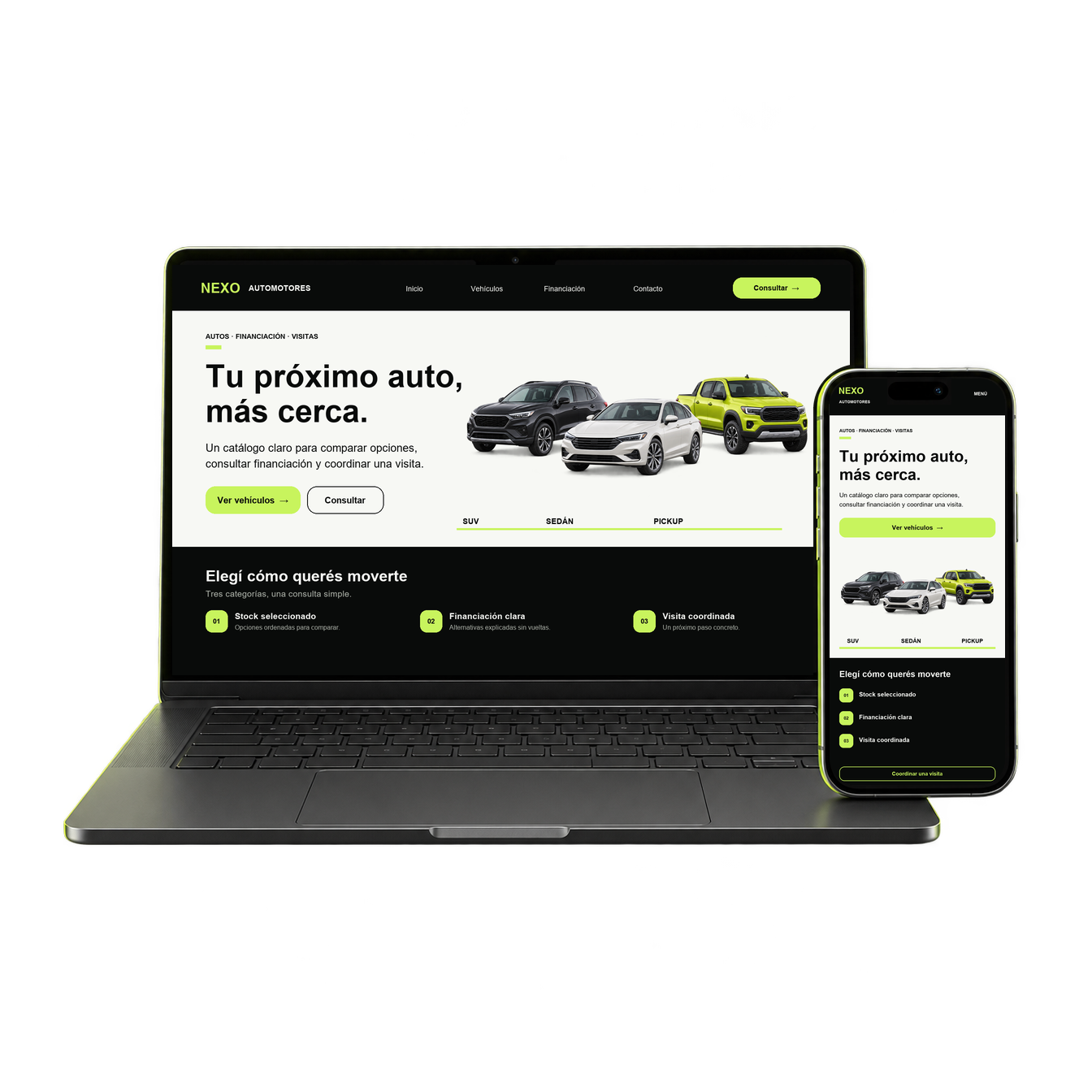Vista de una landing page de concesionaria en una portátil y un teléfono móvil.